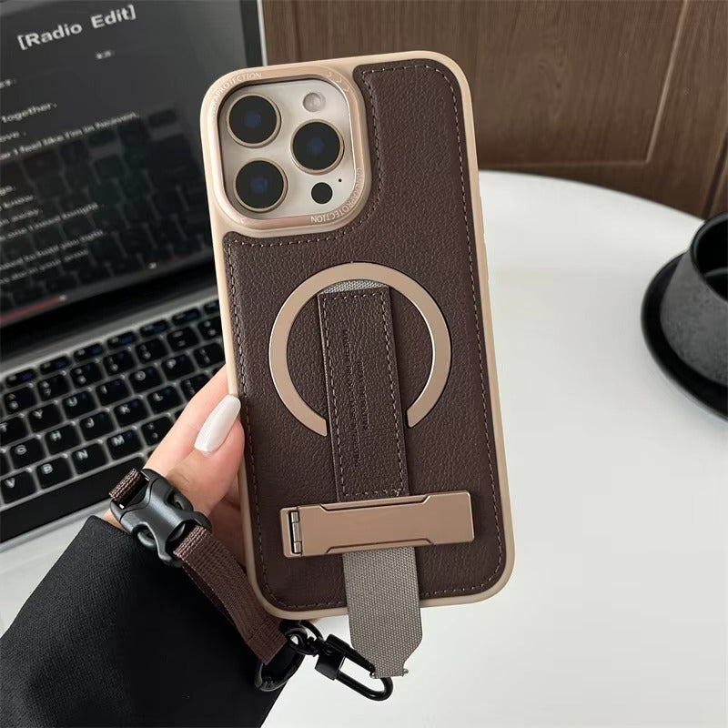 Luxury iPhone Case — Crossbody Leather Magnetic Cover with Wrist Strap Rope Holder, Shockproof Bracket Design and Anti-Fingerprint Protection