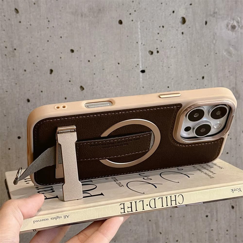 Luxury iPhone Case — Crossbody Leather Magnetic Cover with Wrist Strap Rope Holder, Shockproof Bracket Design and Anti-Fingerprint Protection