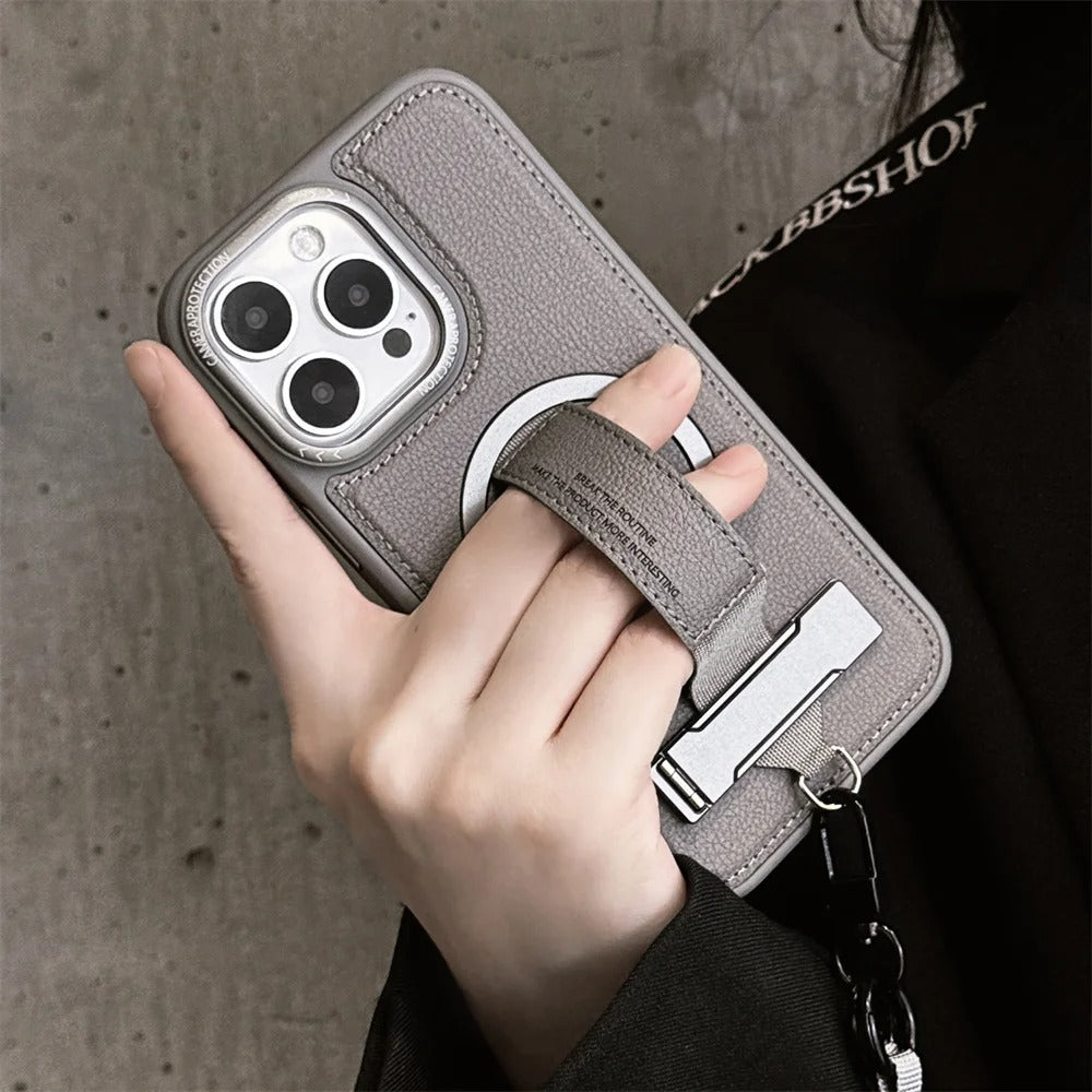 Luxury iPhone Case — Crossbody Leather Magnetic Cover with Wrist Strap Rope Holder, Shockproof Bracket Design and Anti-Fingerprint Protection
