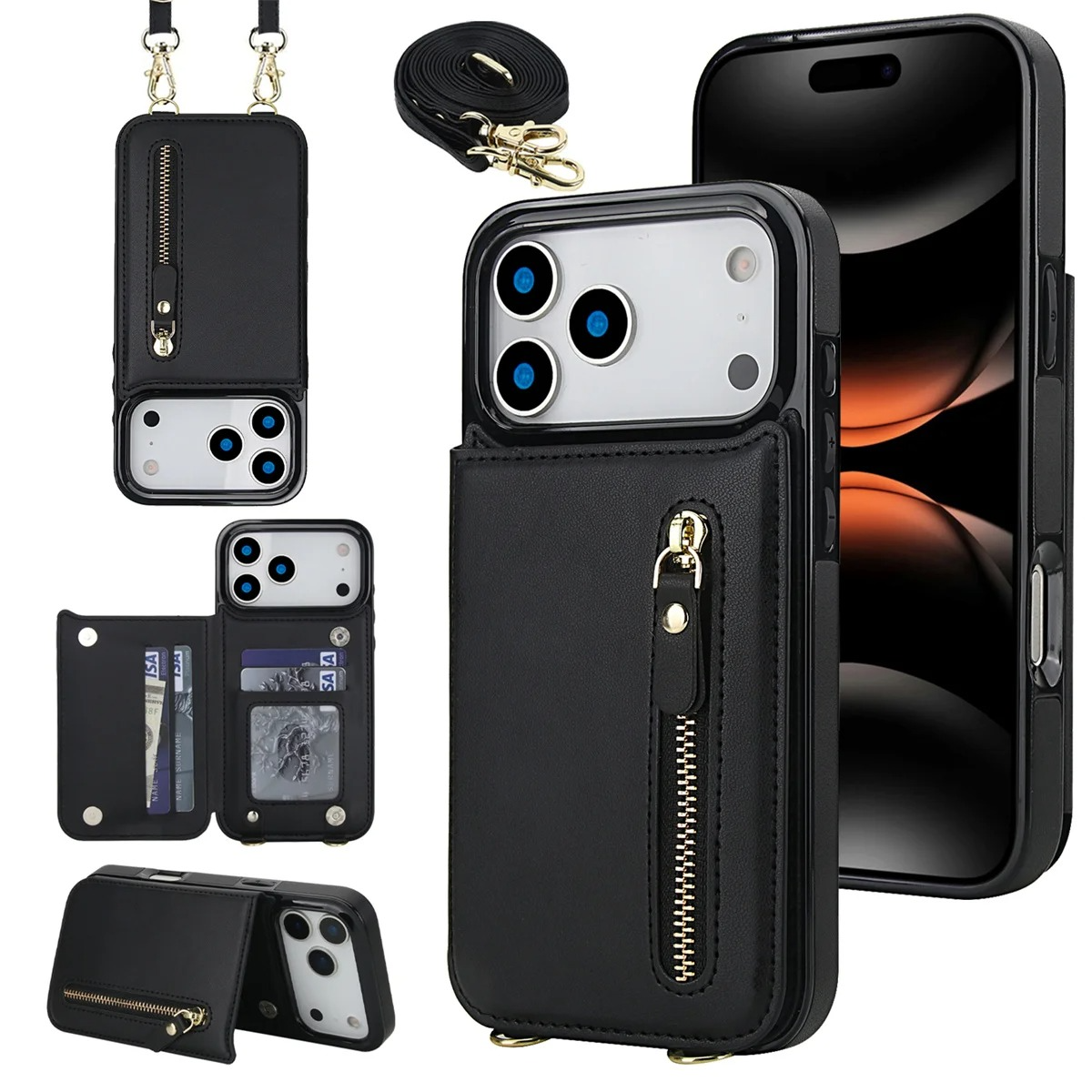 Luxury iPhone Case — Lanyard Strap and Shockproof, Crossbody Leather RFID Wallet Cover with Zipper Card Slot, Lanyard Strap and Shockproof Anti-Fingerprint Protection