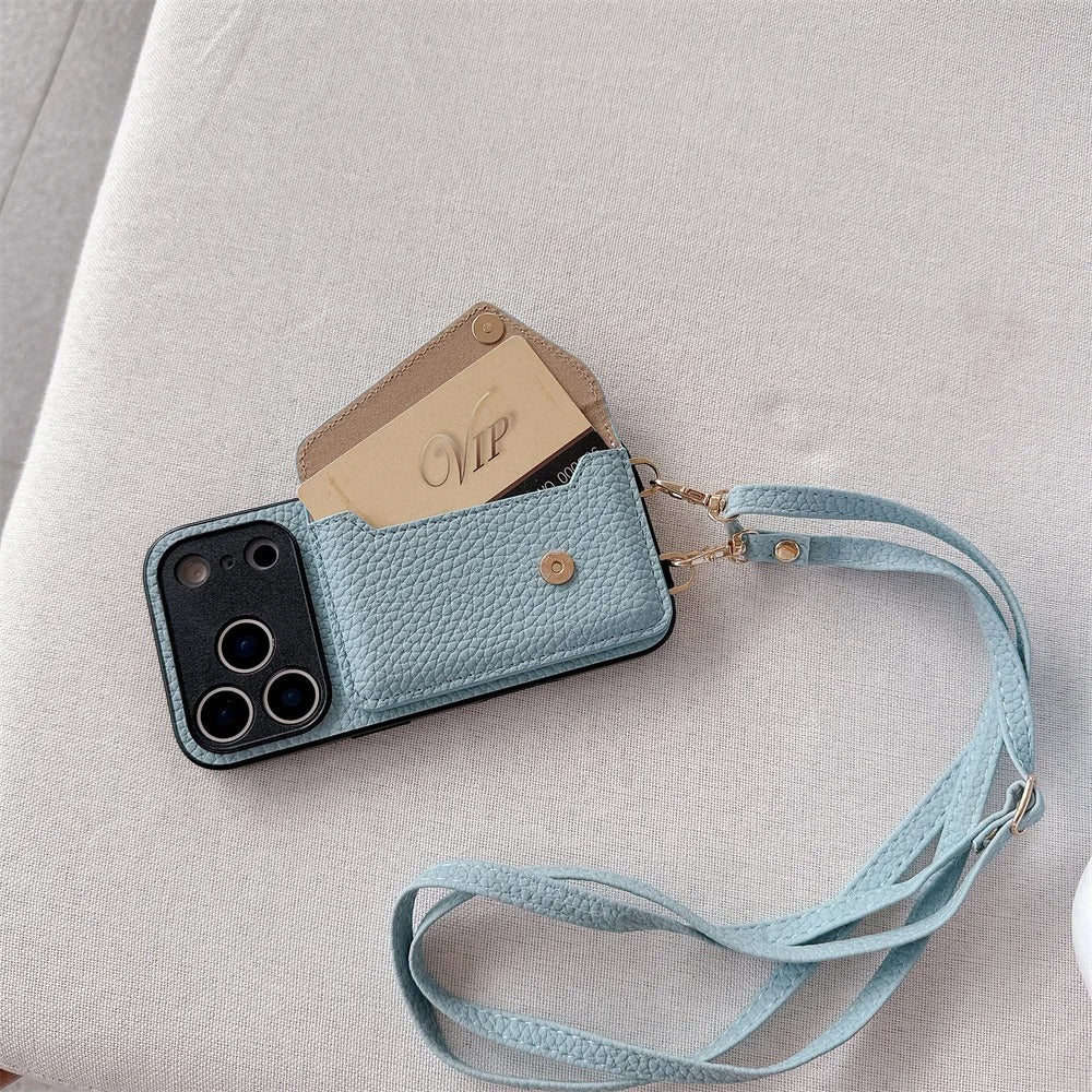 Luxury iPhone Case — Crossbody Leather Wallet Cover with Card Holder, Protective Anti-Scratch Design and Adjustable Lanyard Strap