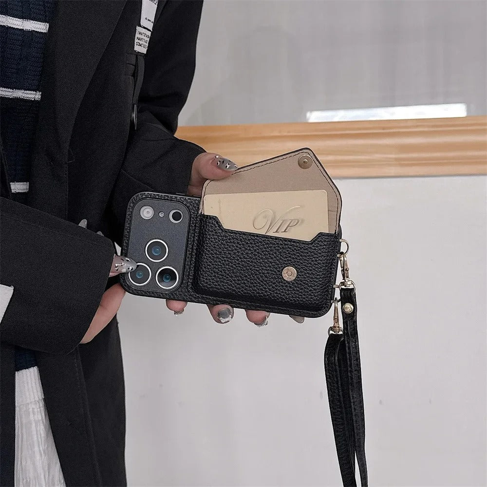 Luxury iPhone Case — Crossbody Leather Wallet Cover with Card Holder, Protective Anti-Scratch Design and Adjustable Lanyard Strap