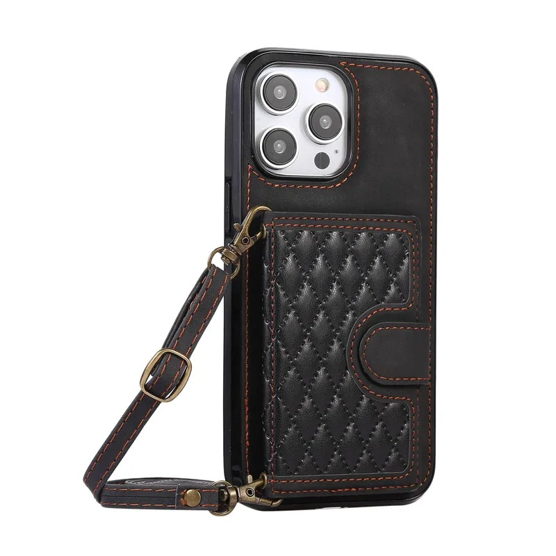 Luxury iPhone Case — Crossbody Leather Wallet Cover with Card Slots, Lanyard, Flip Stand, Magnetic Shockproof Anti-Fingerprint Full-Protection Design