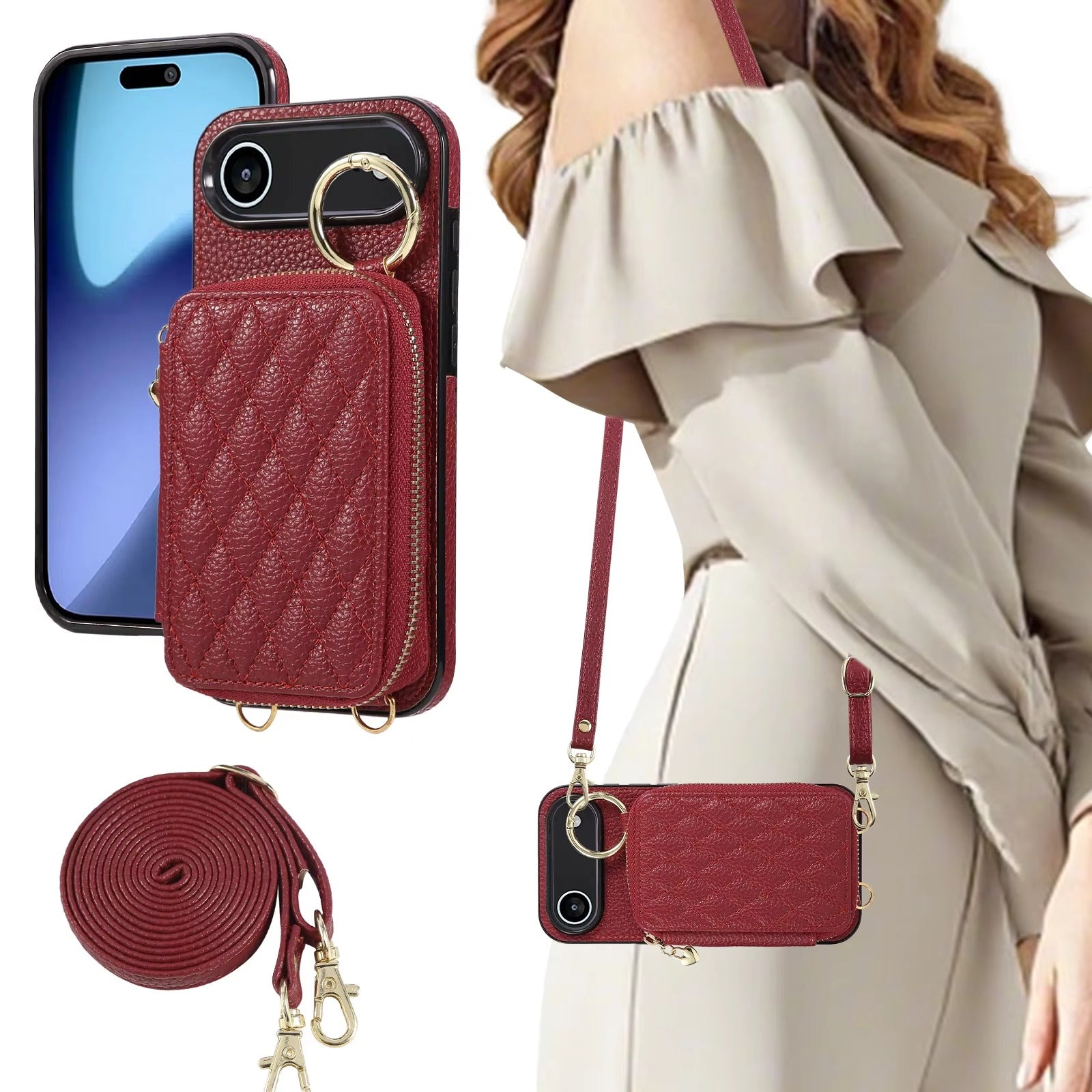 Luxury iPhone Case — Crossbody Leather Wallet Cover with Zipper Card Bag, Lanyard Strap and Grid-Pattern Ring Holder Design