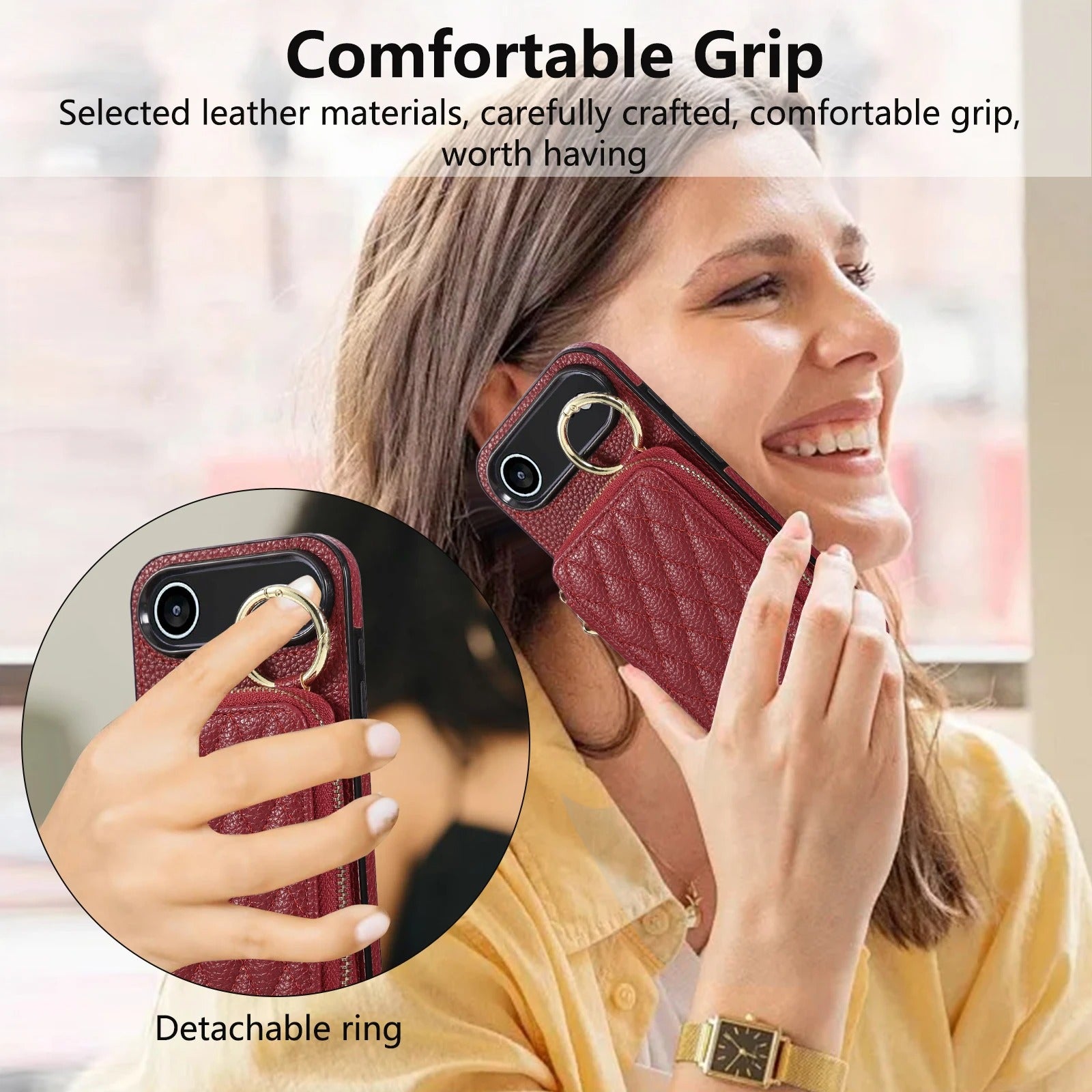 Luxury iPhone Case — Crossbody Leather Wallet Cover with Zipper Card Bag, Lanyard Strap and Grid-Pattern Ring Holder Design