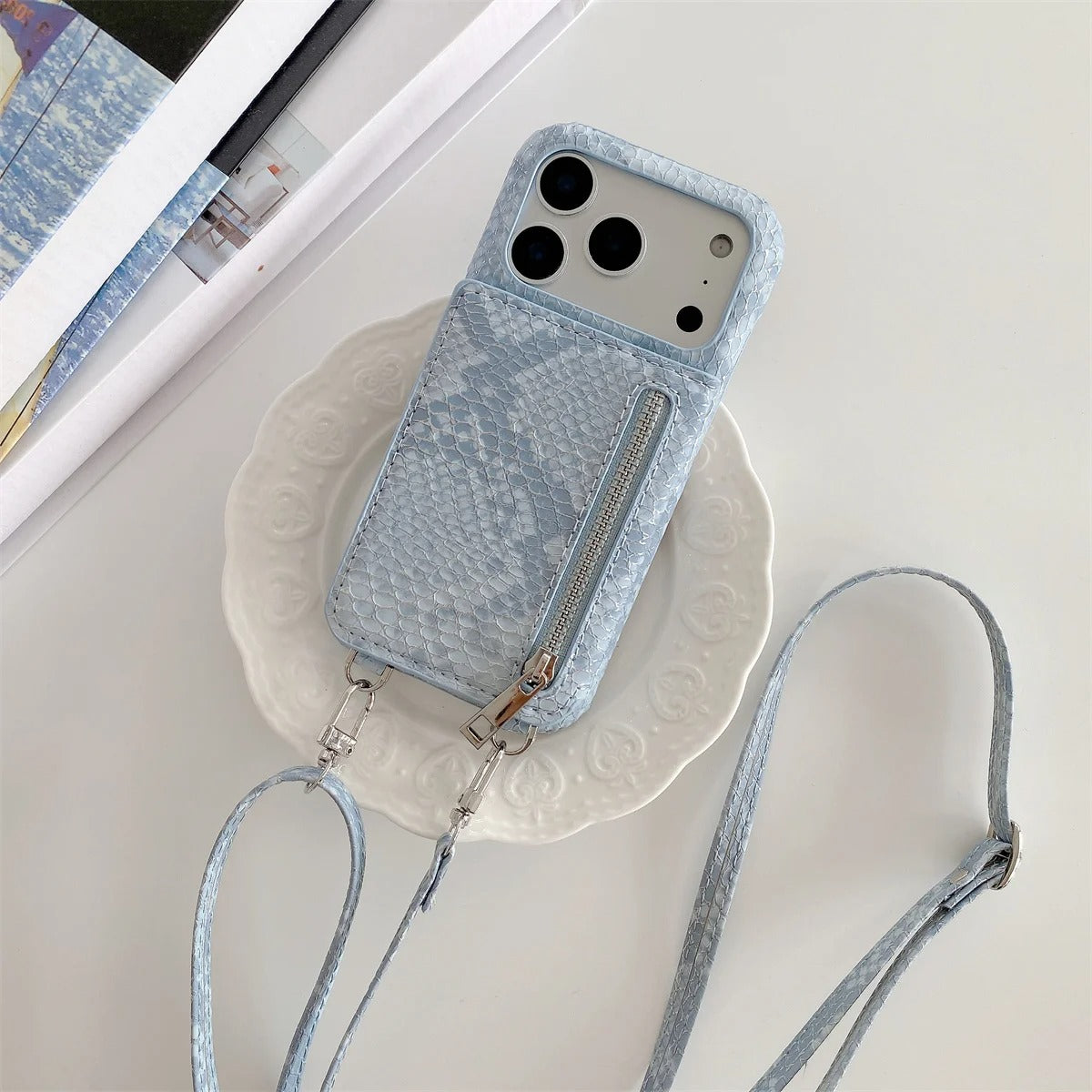 Luxury iPhone Case — Crossbody Makeup-Mirror Wallet Cover with Zipper Card Pocket, Shockproof Non-Slip PU Leather + PC/TPU Design