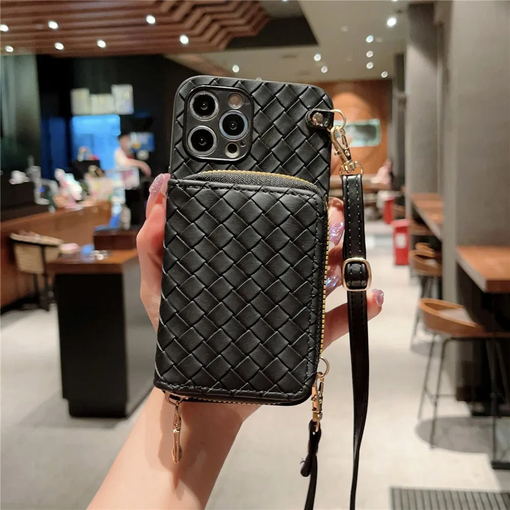 Luxury iPhone Case — Crossbody PU Leather Wallet Cover with Card Holder, Shockproof Non-Slip Design and Long Lanyard Strap