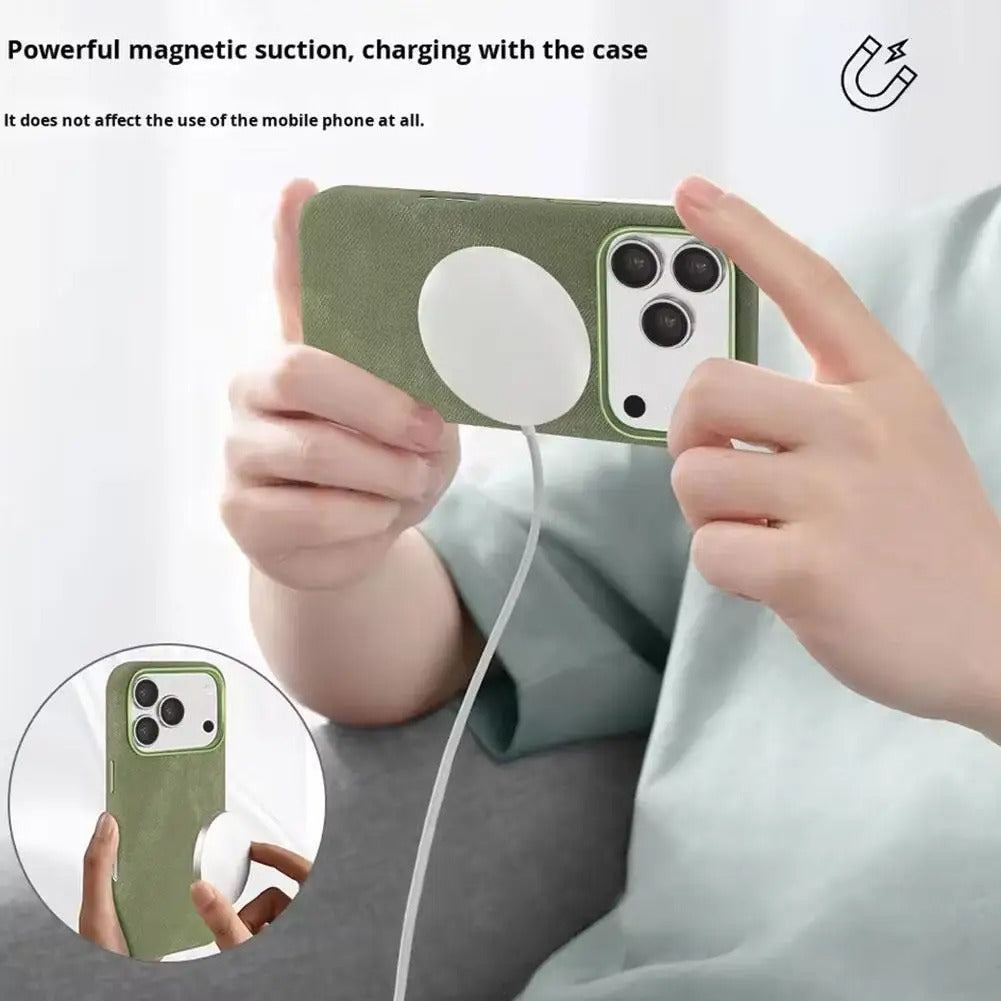 Luxury iPhone Case — Fiber Leather MagSafe Cover with Invisible Magnetic Wireless Charging, Matte Anti-Fingerprint Finish and Slim Shockproof Design