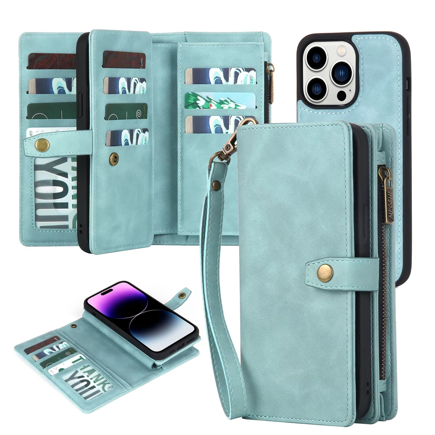 Luxury iPhone Case — Flip Leather Wallet Cover with Magnetic Closure, Dual-Layer Shockproof Protection, Card Slots & Non-Slip Lanyard Design
