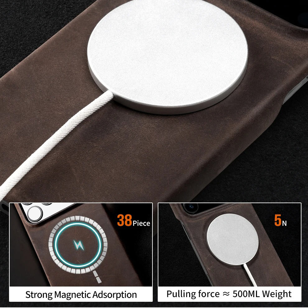 Luxury iPhone Case — Genuine Cowhide Leather Pull-Up Cover with Retro Magnetic Design, MagSafe Compatibility & Shockproof Full-Back Protection