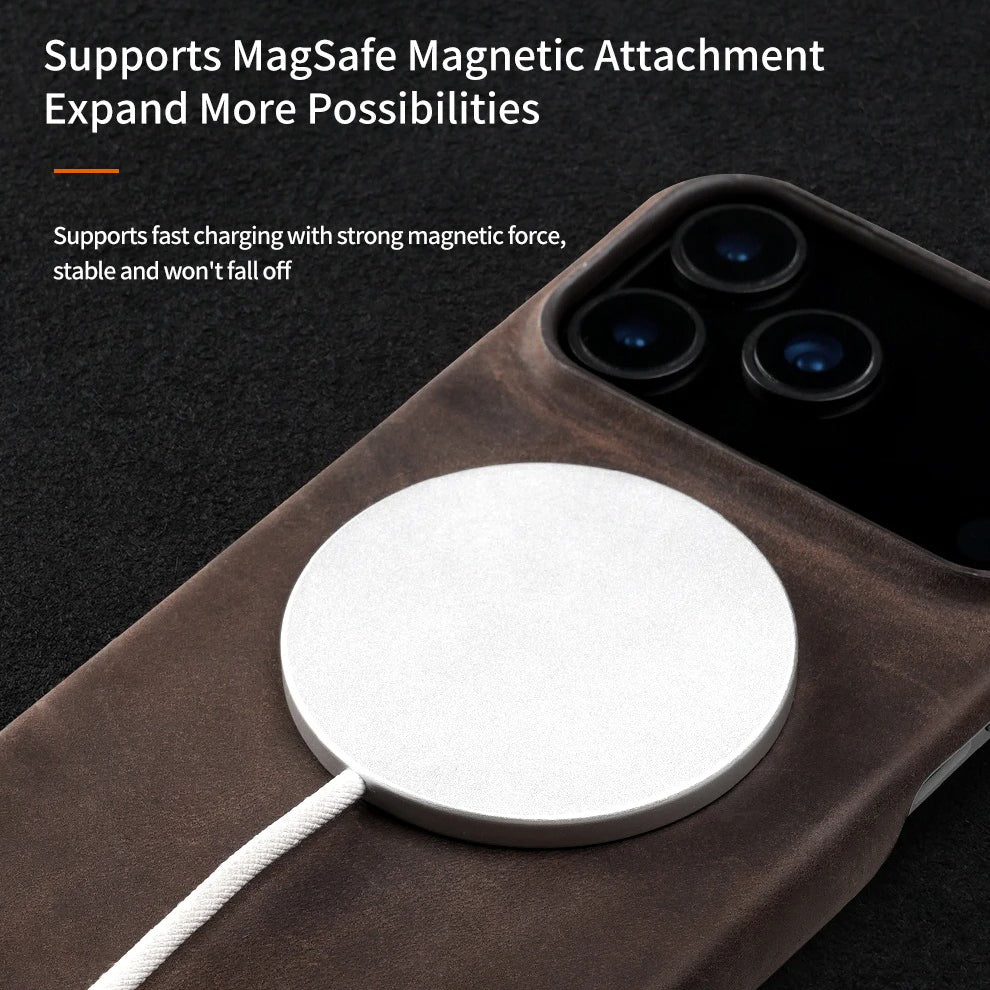 Luxury iPhone Case — Genuine Cowhide Leather Pull-Up Cover with Retro Magnetic Design, MagSafe Compatibility & Shockproof Full-Back Protection