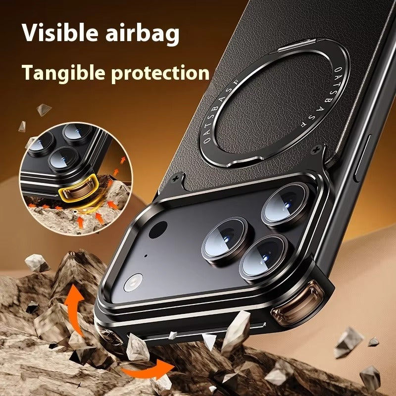Luxury iPhone Case — Genuine Leather MagSafe Frameless Cover with 360° Rotating Magnetic Stand, Shockproof Anti-Drop Non-Slip Design
