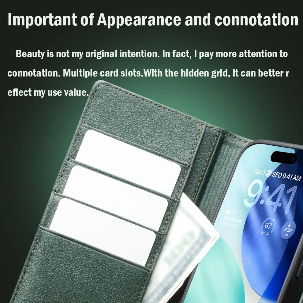 Luxury iPhone Case — Handmade Genuine Leather Wallet Flip Cover with Card Slots, Ultra-Slim Shockproof Design & Horizontal Stand Function