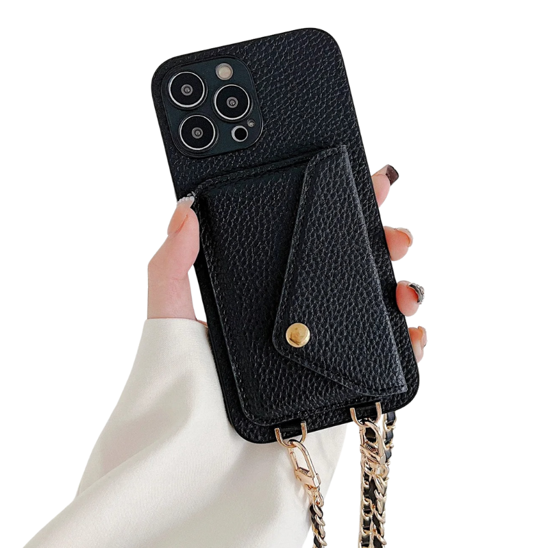 Luxury iPhone Case — Lanyard Crossbody Wallet Cover with Card Holder, Chain Strap Cord, Durable PU Leather Full-Protection Design