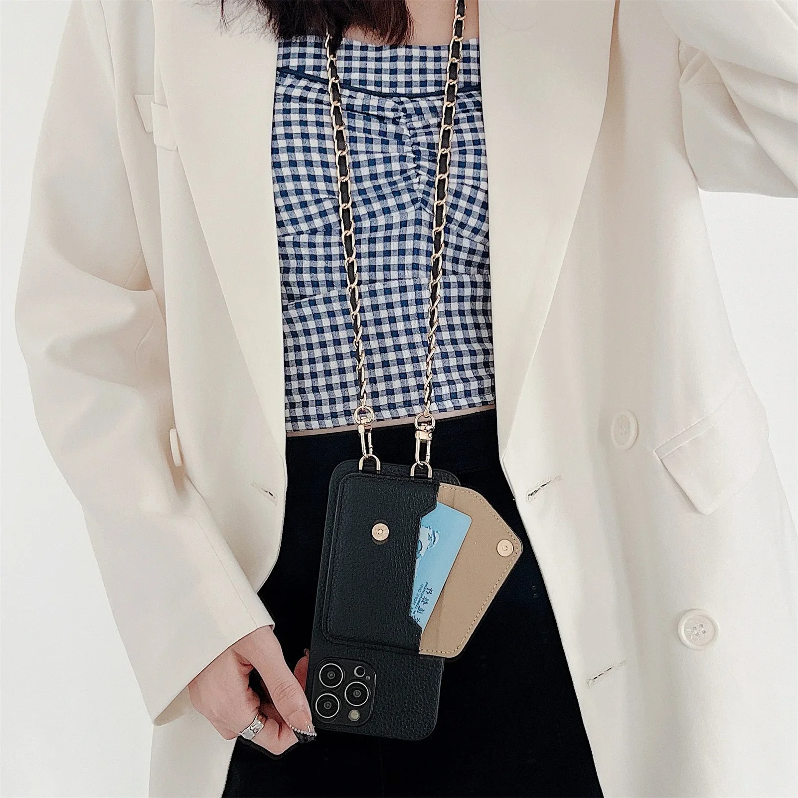 Luxury iPhone Case — Lanyard Crossbody Wallet Cover with Card Holder, Chain Strap Cord, Durable PU Leather Full-Protection Design