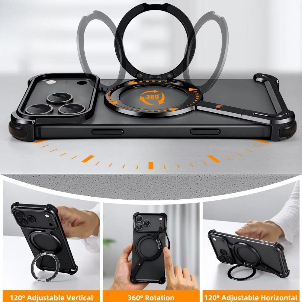 Luxury iPhone Case — MagSafe Aluminum Alloy Metal Bumper with 360° Rotatable Stand, Ring Holder & Shockproof Protection