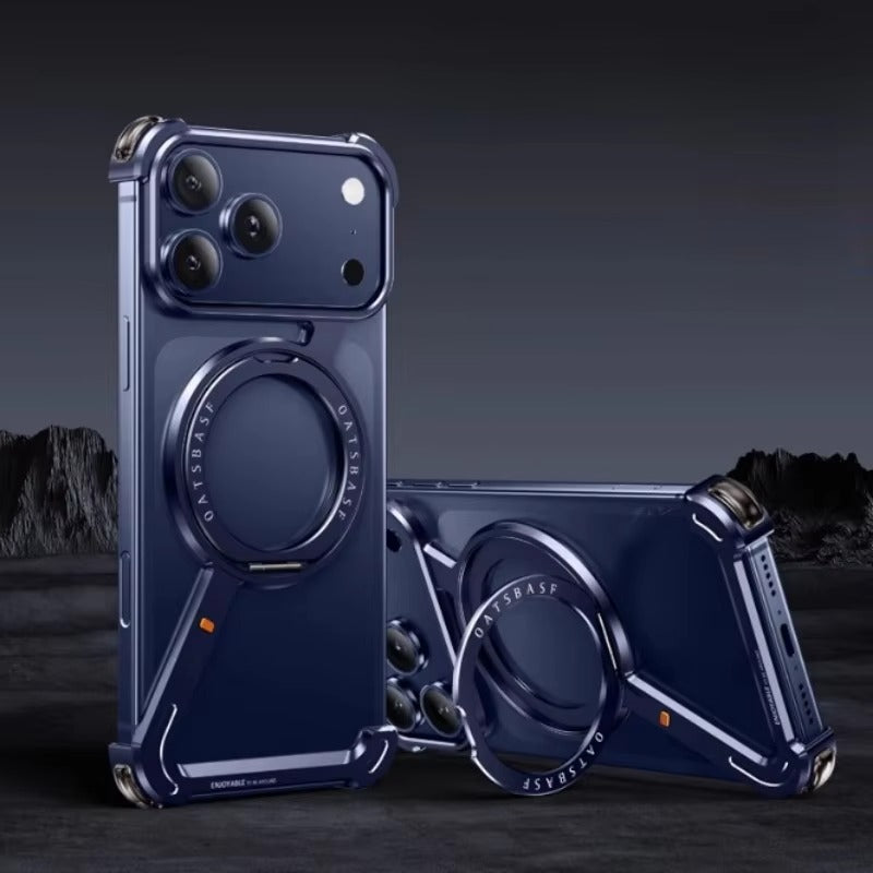 Luxury iPhone Case — MagSafe Aluminum Alloy Metal Bumper with 360° Rotatable Stand, Ring Holder & Shockproof Protection