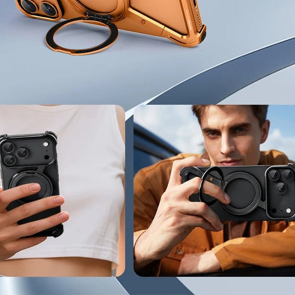 Luxury iPhone Case — MagSafe Aluminum Alloy Metal Bumper with 360° Rotatable Stand, Ring Holder & Shockproof Protection