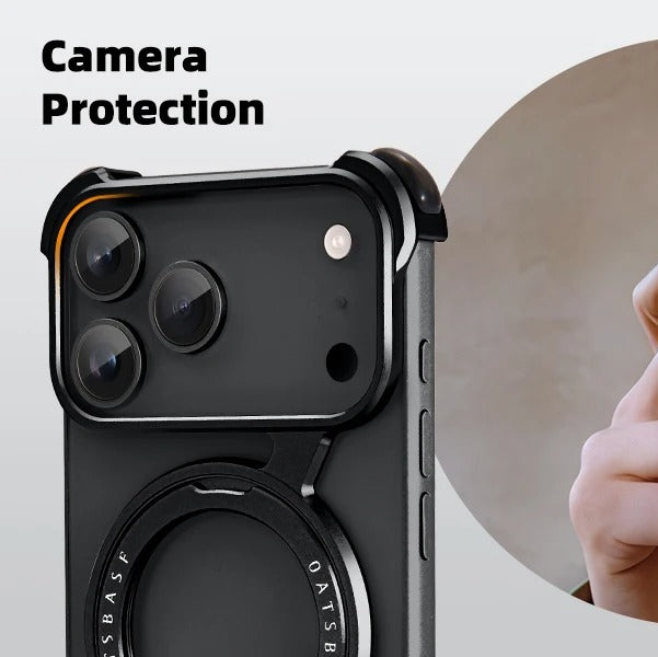 Luxury iPhone Case — MagSafe Aluminum Alloy Metal Bumper with 360° Rotatable Stand, Ring Holder & Shockproof Protection