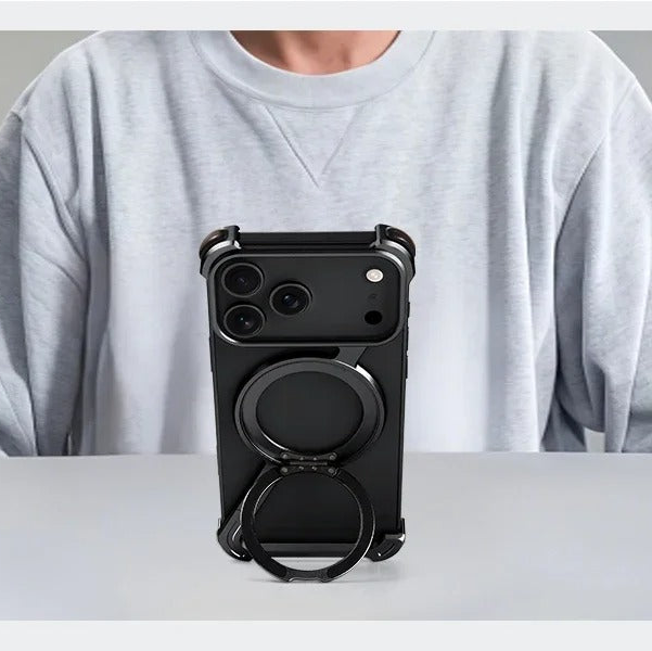 Luxury iPhone Case — MagSafe Aluminum Alloy Metal Bumper with 360° Rotatable Stand, Ring Holder & Shockproof Protection