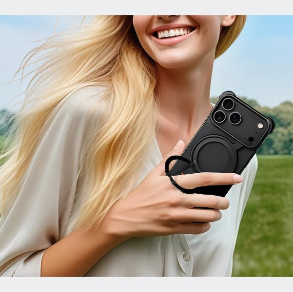 Luxury iPhone Case — MagSafe Aluminum Alloy Metal Bumper with 360° Rotatable Stand, Ring Holder & Shockproof Protection