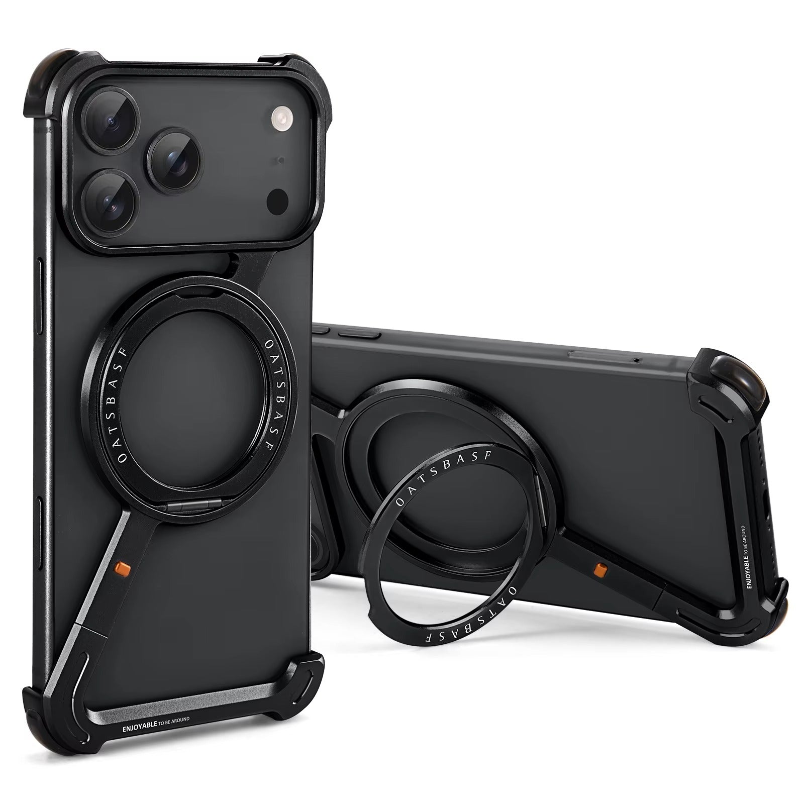 Luxury iPhone Case — MagSafe Aviation Aluminum Z-Shape Bumper with Rotatable Stand, Air-Cushion Anti-Fall Protection and Magnetic Ring Support