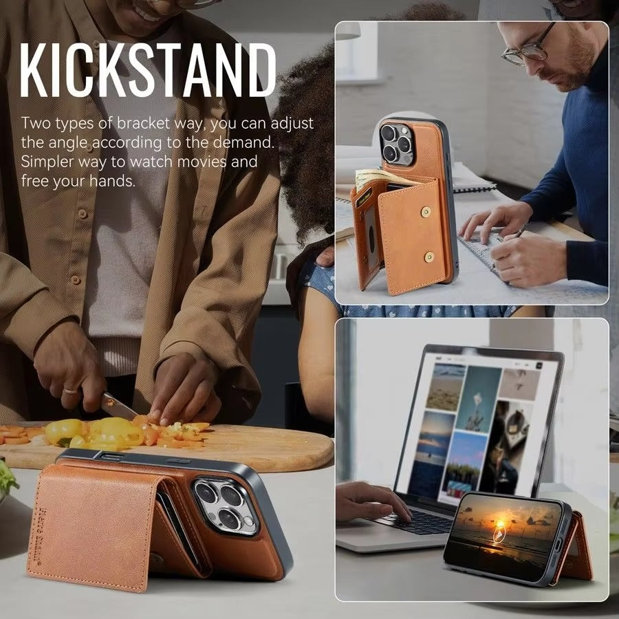 Luxury iPhone Case — MagSafe Detachable Leather Wallet Cover with Magnetic Stand, 5-Card Storage, Retro Design and Wireless-Charging Safe Back Case