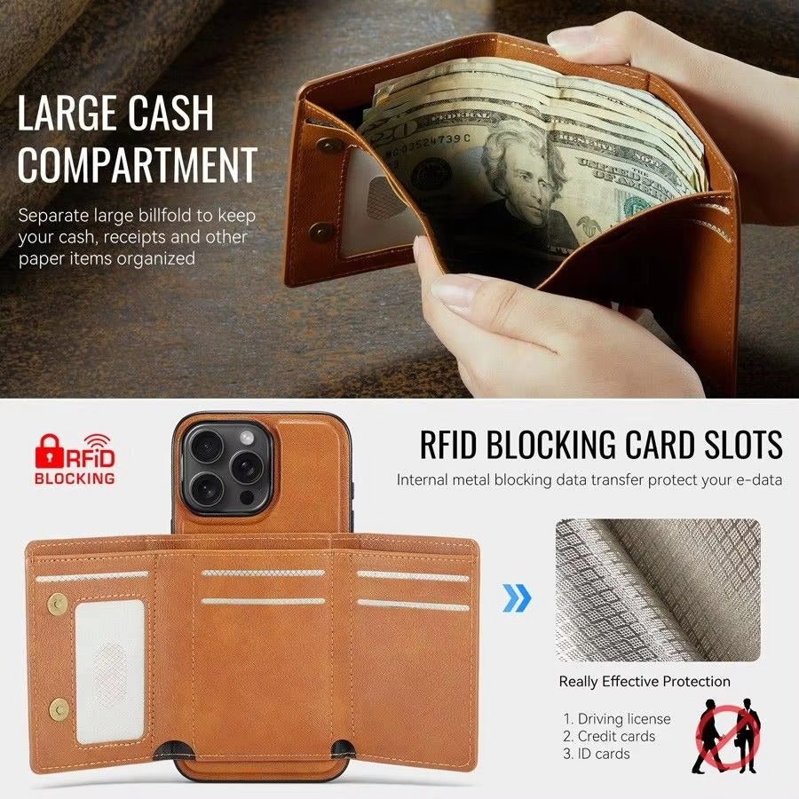 Luxury iPhone Case — MagSafe Detachable Leather Wallet Cover with Magnetic Stand, 5-Card Storage, Retro Design and Wireless-Charging Safe Back Case