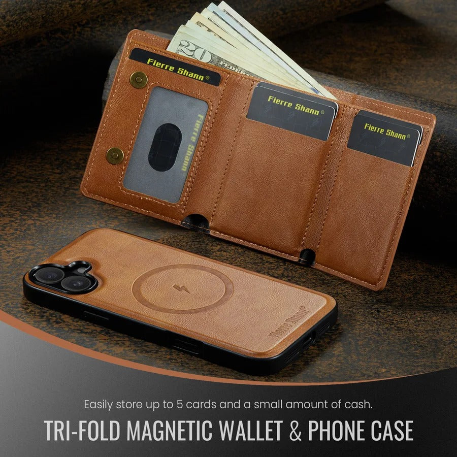 Luxury iPhone Case — MagSafe Detachable Leather Wallet Cover with Magnetic Stand, 5-Card Storage, Retro Design and Wireless-Charging Safe Back Case