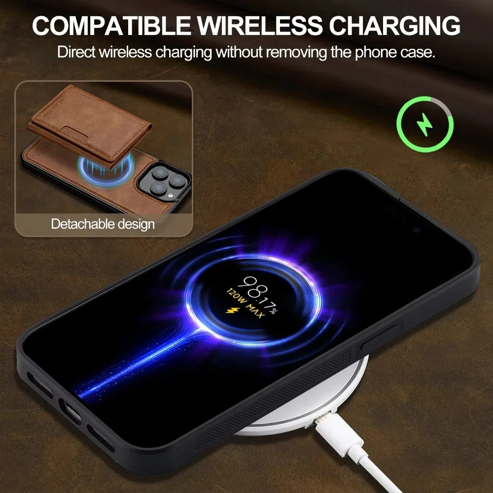 Luxury iPhone Case — MagSafe Detachable PU Leather Wallet Cover with Card Holder, Magnetic Back, Wireless-Charging Safe and Anti-Fingerprint Design