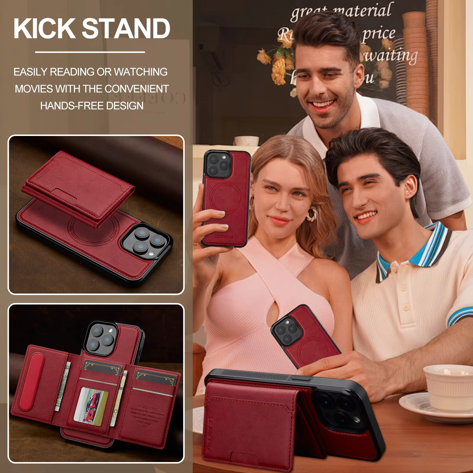 Luxury iPhone Case — MagSafe Detachable PU Leather Wallet Cover with Card Holder, Magnetic Back, Wireless-Charging Safe and Anti-Fingerprint Design