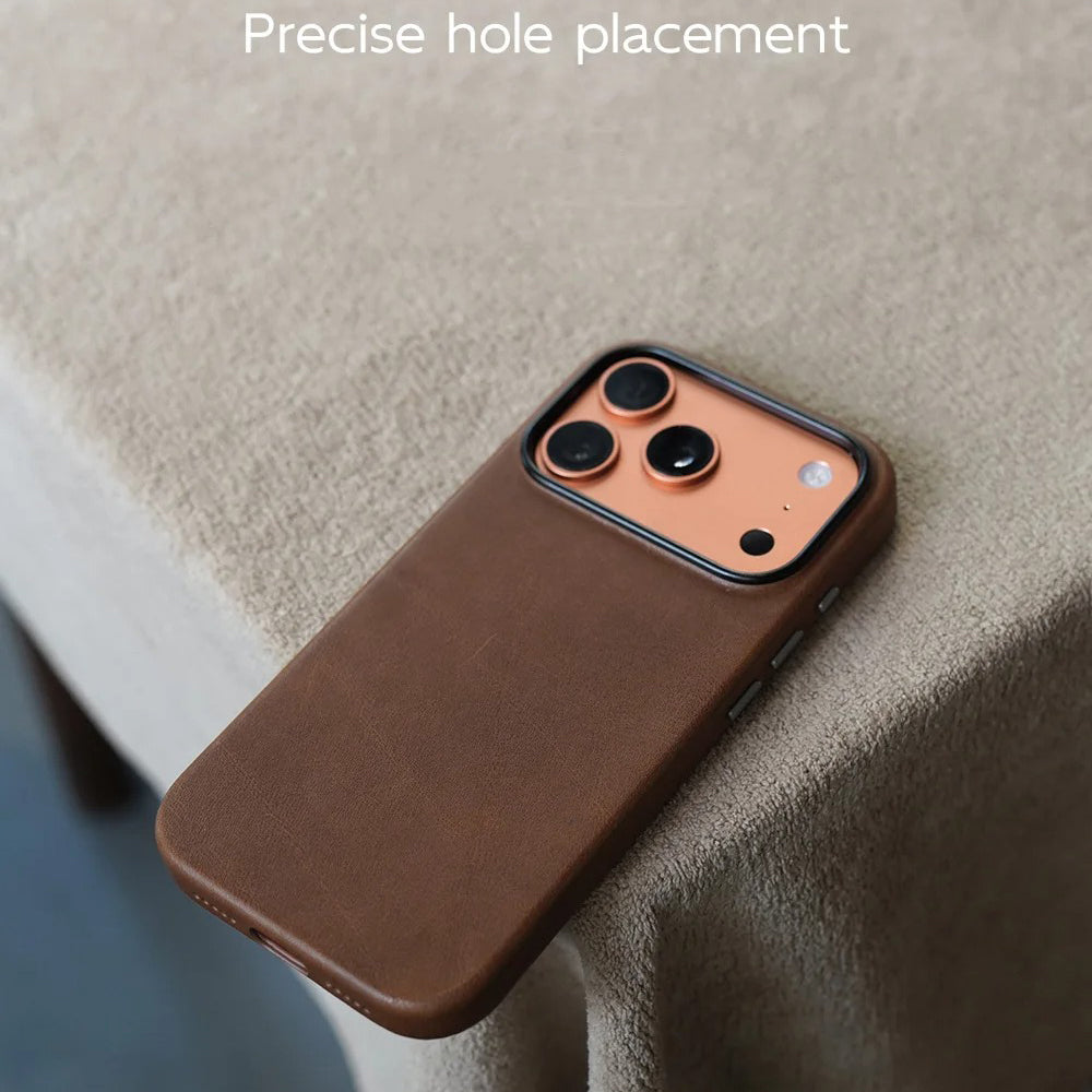Luxury iPhone Case — MagSafe Genuine Cowhide Leather Cover with Retro Full-Body Design and Anti-Fingerprint Magnetic Protection