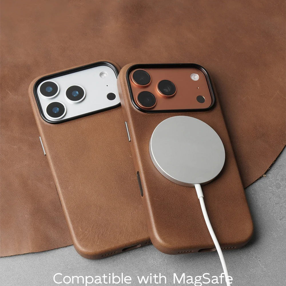 Luxury iPhone Case — MagSafe Genuine Cowhide Leather Cover with Retro Full-Body Design and Anti-Fingerprint Magnetic Protection