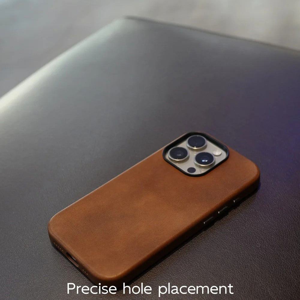 Luxury iPhone Case — MagSafe Genuine Cowhide Leather Cover with Retro Full-Body Design and Anti-Fingerprint Magnetic Protection