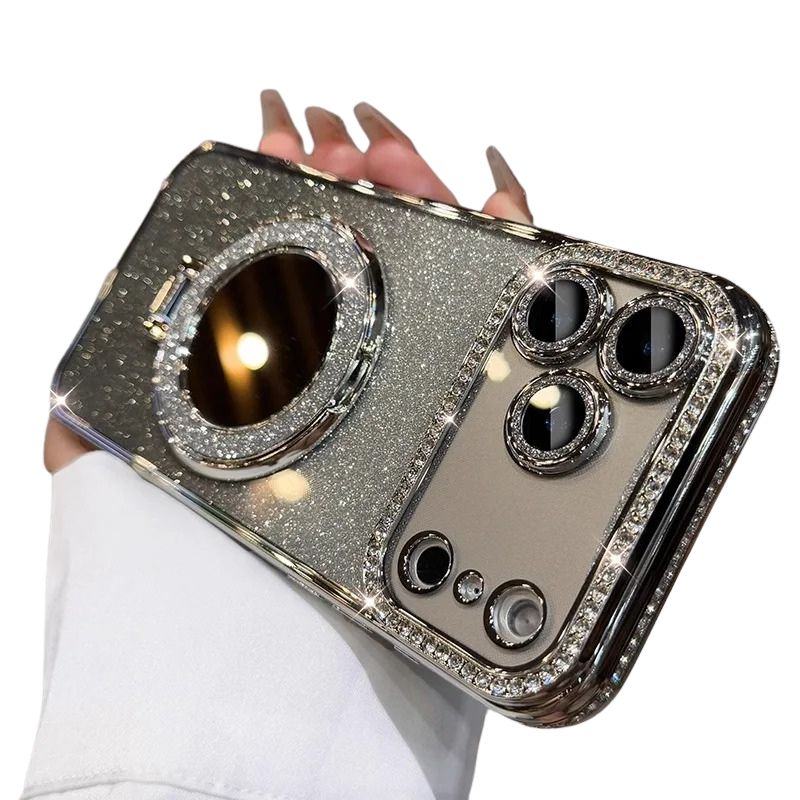 Luxury iPhone Case — MagSafe Glitter Diamond Mirror Cover with Plated Back, Stand Bracket, Makeup Lens Film and Shockproof Anti-Fingerprint Design