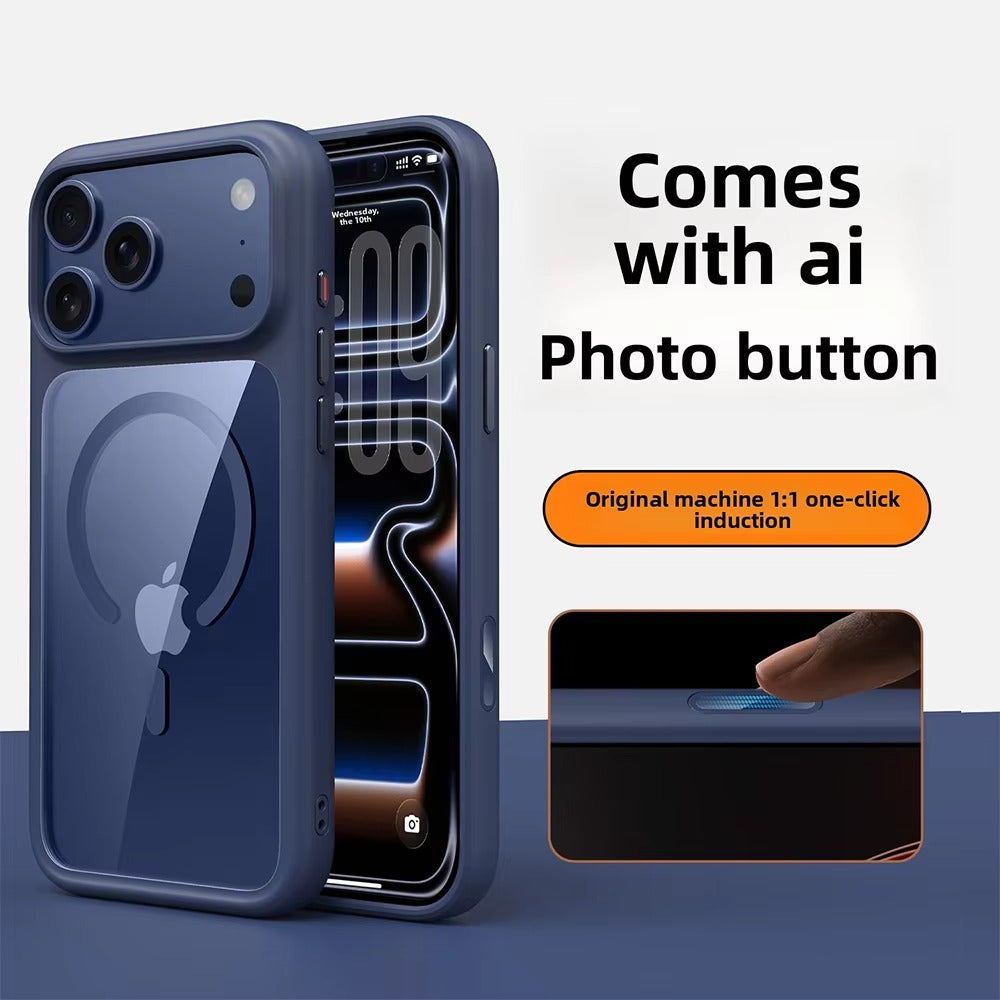 Luxury iPhone Case — MagSafe Transparent Soft Cover with Metal Buttons, Skin-Feel Matte Design, Shockproof Anti-Fingerprint Non-Slip Protection