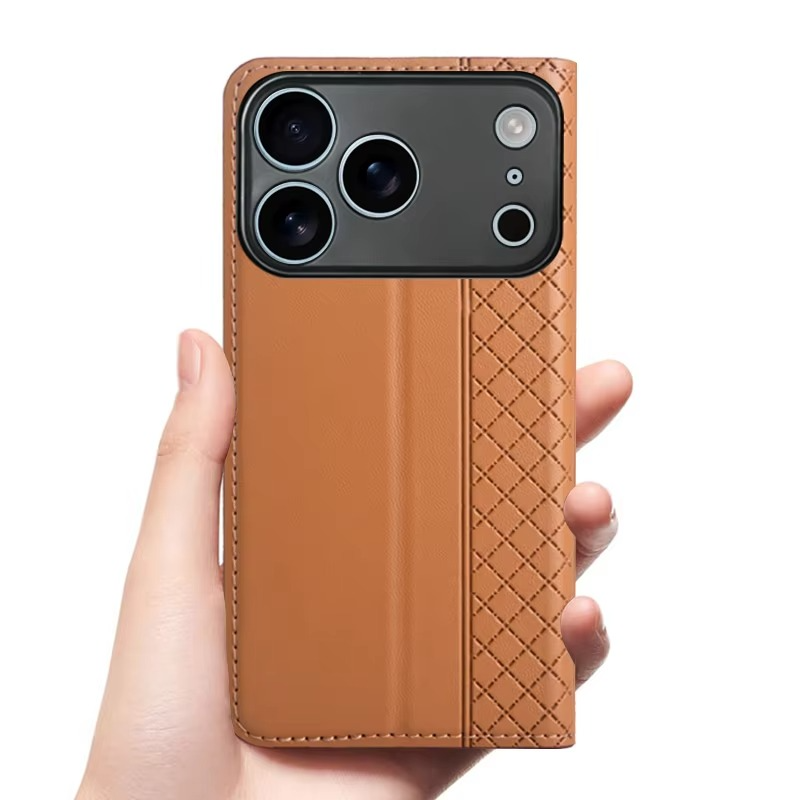 Luxury iPhone Case — Magnetic Flip Wallet Cover with Grid Pattern Cowhide Leather, Kickstand Function & Full-Protection TPU Bumper