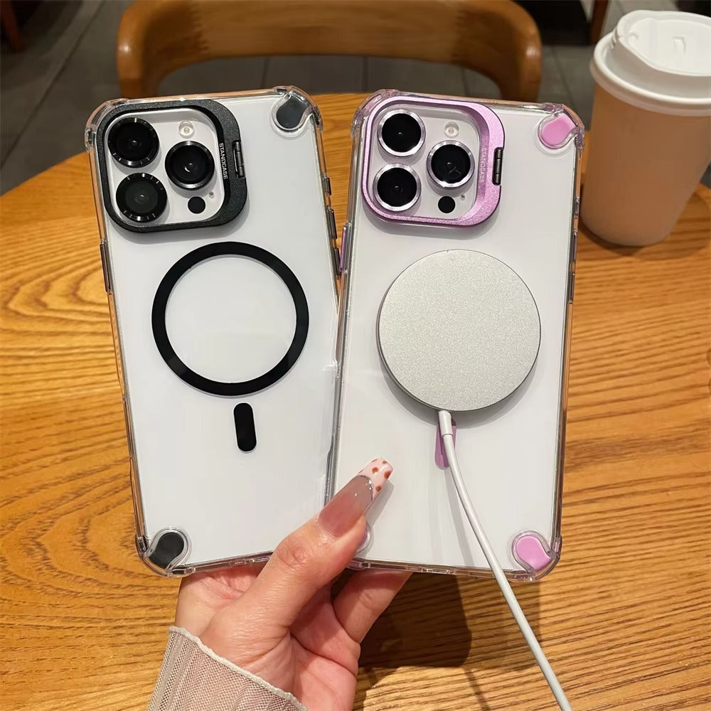 Luxury iPhone Case — Magnetic Shockproof Cover with MagSafe, Glass Lens Protector, Metal Stand, Anti-Scratch Dual-Layer PC+TPU Design