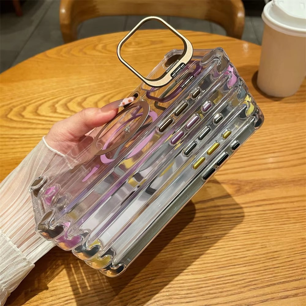 Luxury iPhone Case — Magnetic Shockproof Cover with MagSafe, Glass Lens Protector, Metal Stand, Anti-Scratch Dual-Layer PC+TPU Design