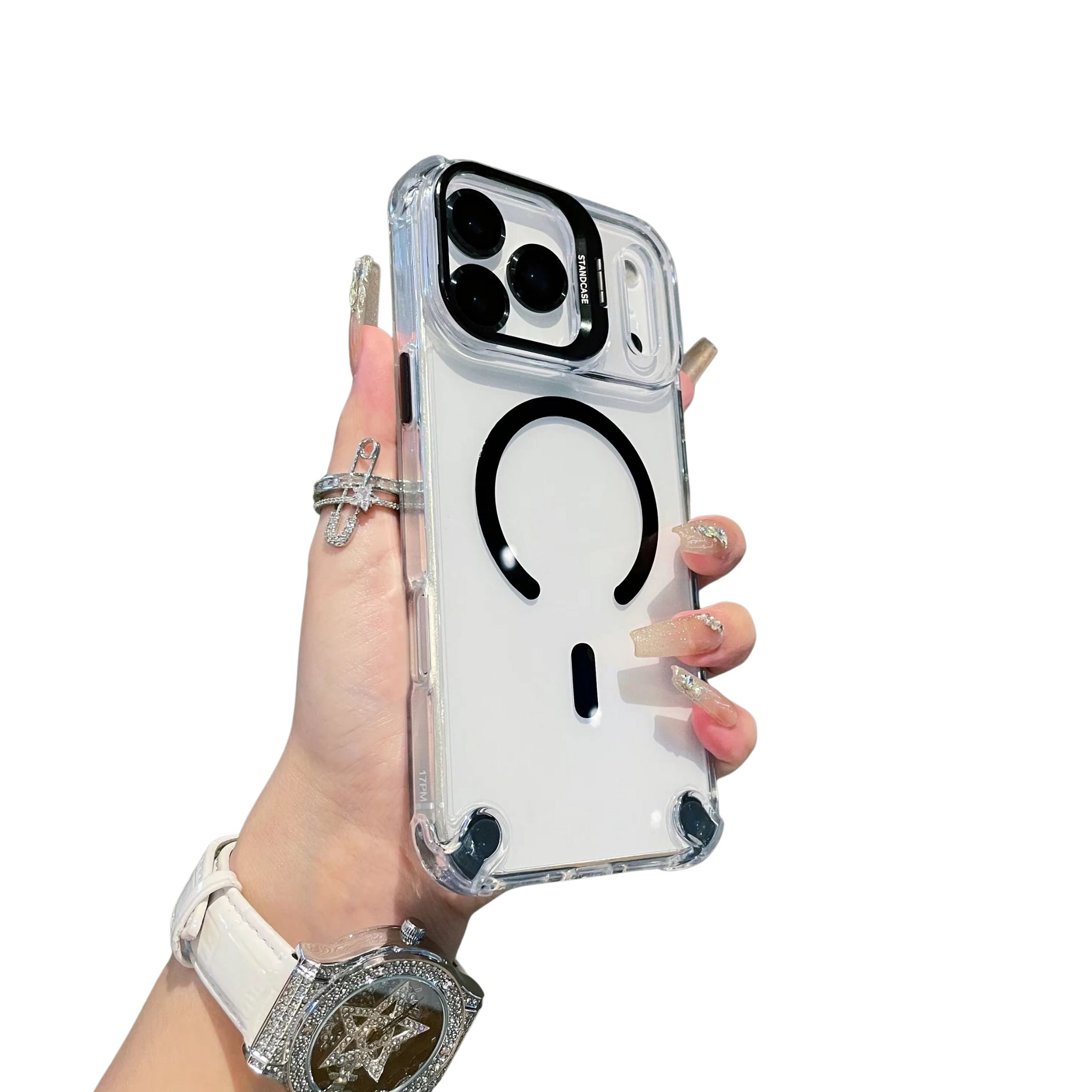 Luxury iPhone Case — Magnetic Shockproof Cover with MagSafe, Glass Lens Protector, Metal Stand, Anti-Scratch Dual-Layer PC+TPU Design