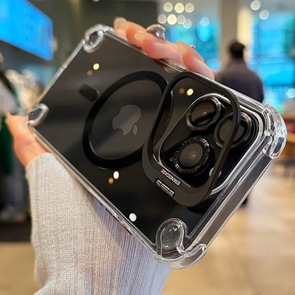 Luxury iPhone Case — Magnetic Shockproof Cover with MagSafe, Glass Lens Protector, Metal Stand, Anti-Scratch Dual-Layer PC+TPU Design