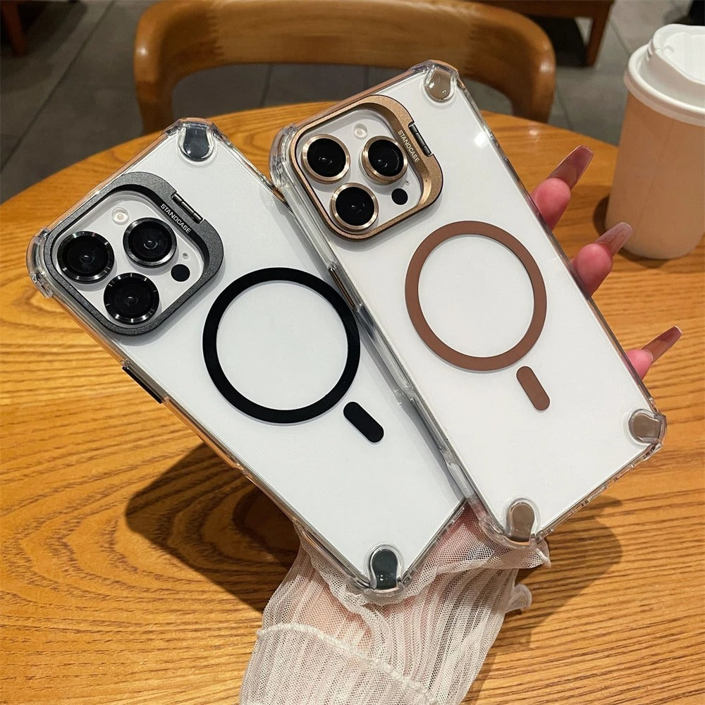 Luxury iPhone Case — Magnetic Shockproof Cover with MagSafe, Glass Lens Protector, Metal Stand, Anti-Scratch Dual-Layer PC+TPU Design