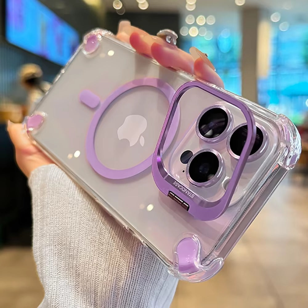 Luxury iPhone Case — Magnetic Shockproof Cover with MagSafe, Glass Lens Protector, Metal Stand, Anti-Scratch Dual-Layer PC+TPU Design