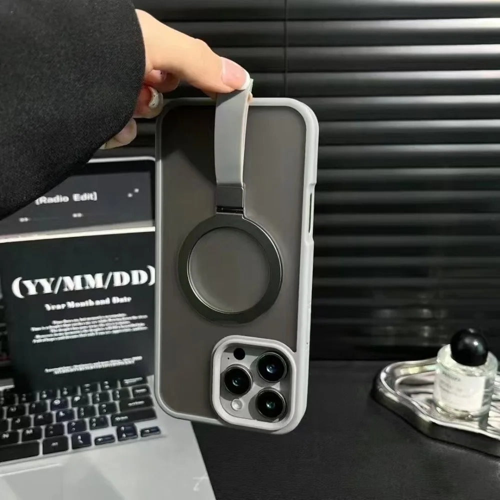 Luxury iPhone Case — Matte Transparent MagSafe Cover with Wrist Strap Holder, Shockproof TPU+PC Protection and Anti-Fingerprint Scratch-Resistant Design