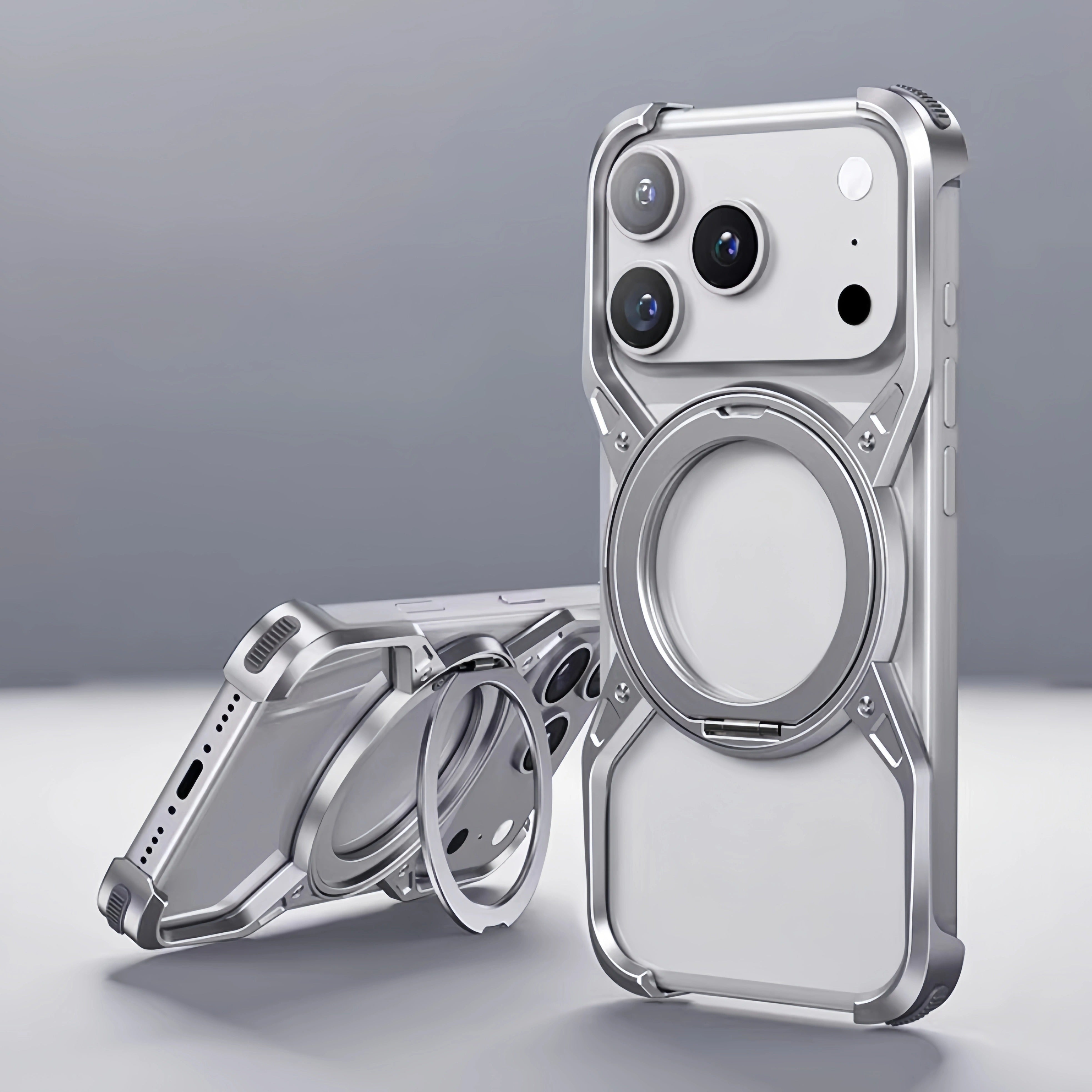 Luxury iPhone Case — Metal Alloy Punk Frame Bumper with 360° Rotating MagSafe Stand Ring, Shockproof Anti-Scratch Non-Slip Design