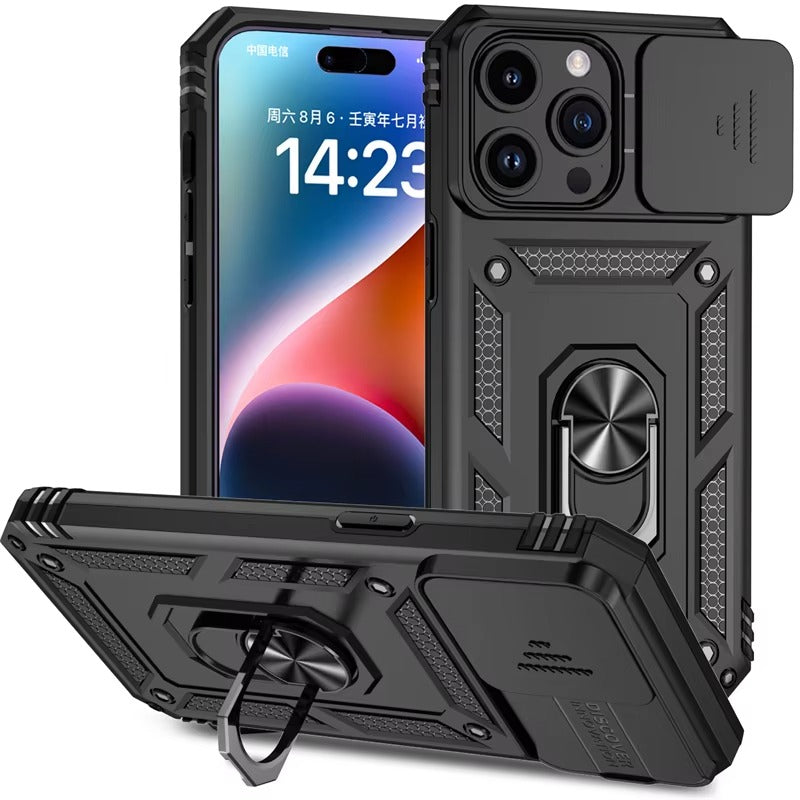Luxury iPhone Case — Military-Grade Armor Cover with Rotating Ring Stand, Slide Camera Lens Protection & Shockproof Design