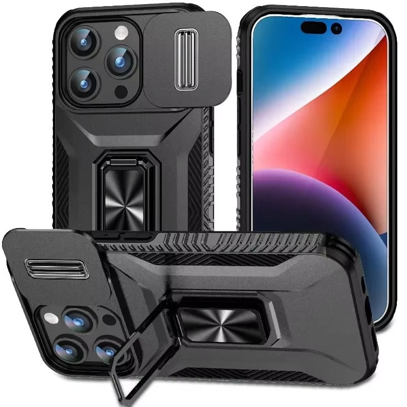 Luxury iPhone Case — Military-Grade Shockproof Anti-Slip Cover with Slide Camera Lens Protection & Rotary Stand