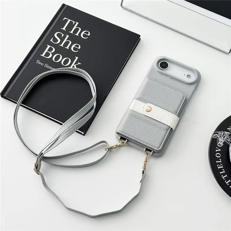 Luxury iPhone Case — Mirror Leather Crossbody Wallet Cover with Card Holder, Lanyard Strap and Shockproof Anti-Fall Protection
