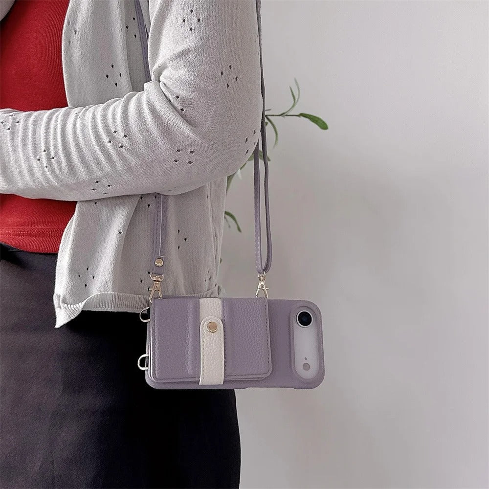 Luxury iPhone Case — Mirror Leather Crossbody Wallet Cover with Card Holder, Lanyard Strap and Shockproof Anti-Fall Protection