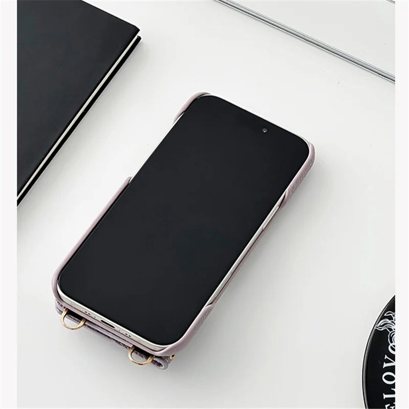 Luxury iPhone Case — Mirror Leather Crossbody Wallet Cover with Card Holder, Lanyard Strap and Shockproof Anti-Fall Protection